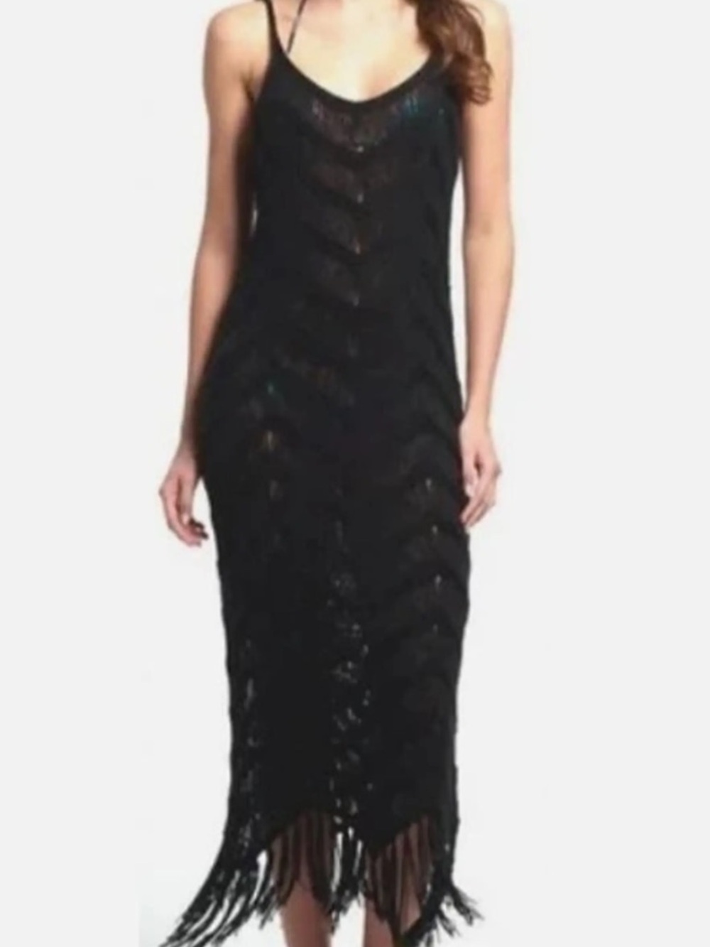 525 America Black Midi Crochet Dress with Fringe